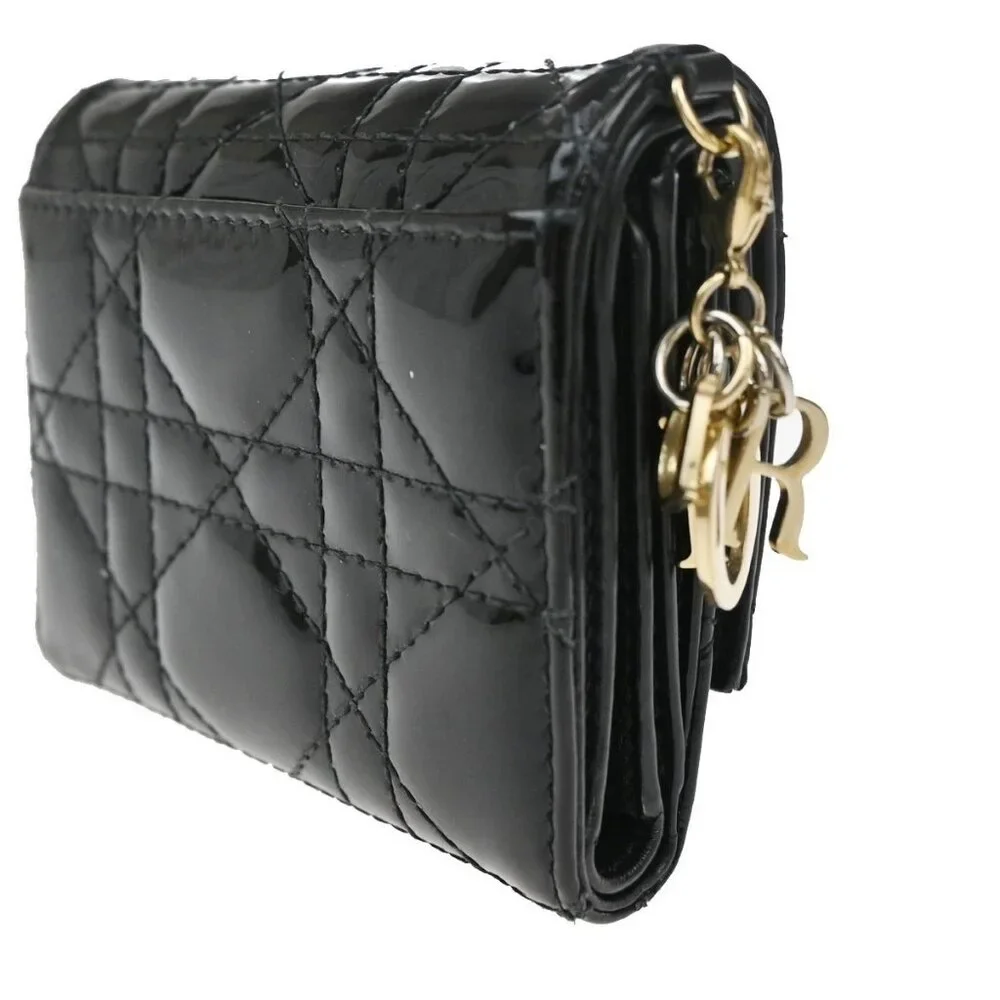 CHRISTIAN DIOR Cannage Trifold Compact Wallet Patent Leather Black GHW 35TA317